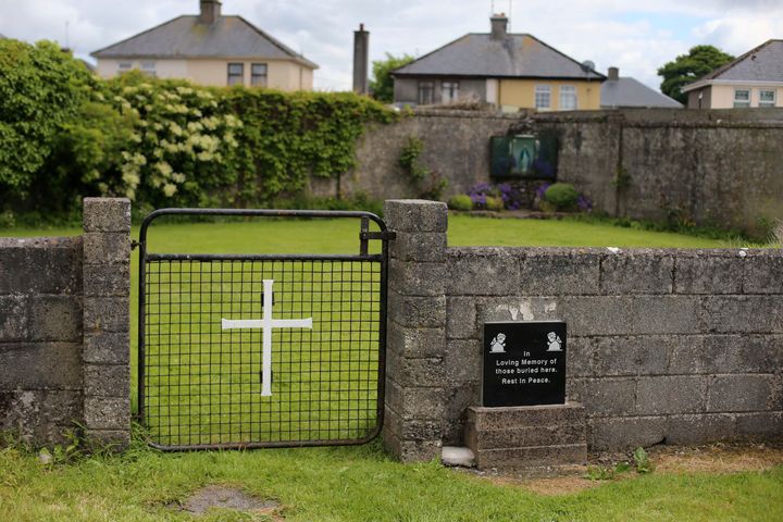 The entrance to the site of a mass grave of hundreds of children who died in the former Bons Secours home for unmarried mothers in Tuam