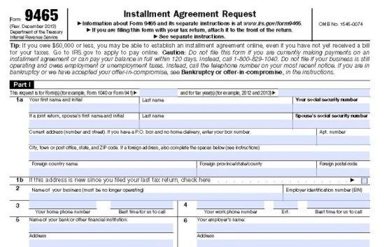 IRS Form 9465 Installment Agreement Request