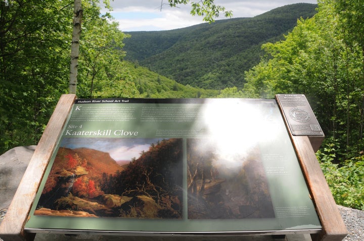 "The Clove," Thomas Cole's 1827 painting of Kaaterskill Clove and the scene today, at the #4 site of the Hudson River School Art Trail.