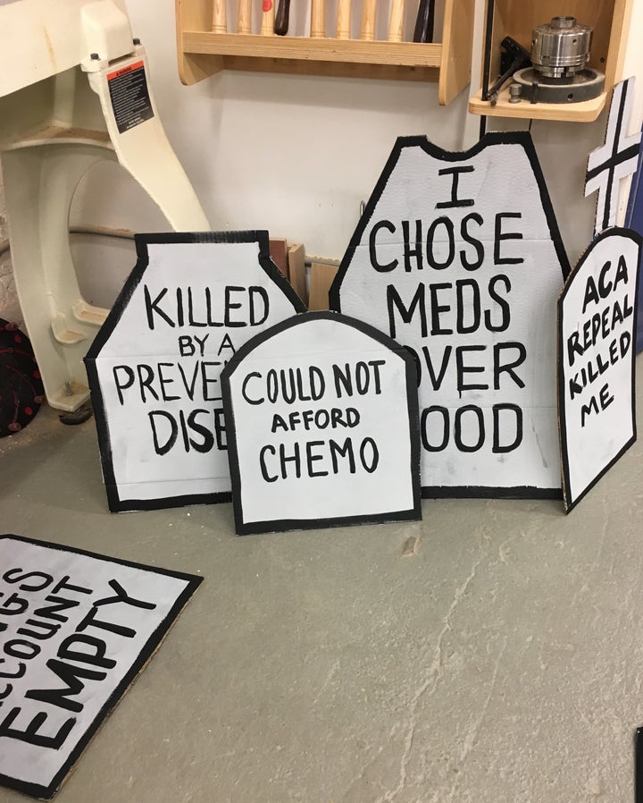 At a fake tombstone-making workshop in Brooklyn, preparing for a citizen “Die In” protest of efforts to “repeal/replace” the Affordable Care Act, also known as Obamacare. March 9, 2017