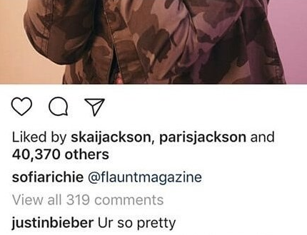 Justin Bieber's comment on Sofia Richie Instagram photo.