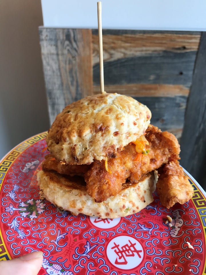 My weakness on a plate: Fried chicken sandwiched between cheddar biscuits.