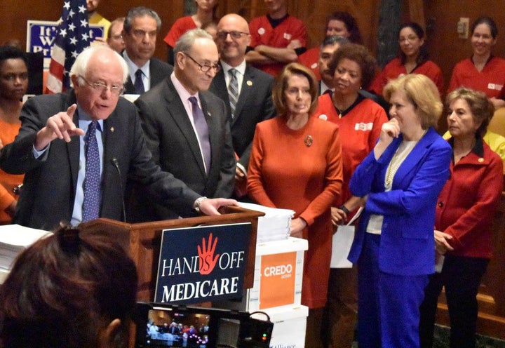 Jon ‘Bowzer’ Bauman with Sen. Sanders, Sen. Schumer, Rep. Nancy Pelosi, Rep. Jan Schakowsky, Rep. Ted Deutch and Social Security Works’ Nancy Altman at the Hands of Medicare and Medicaid kickoff in December 2016.