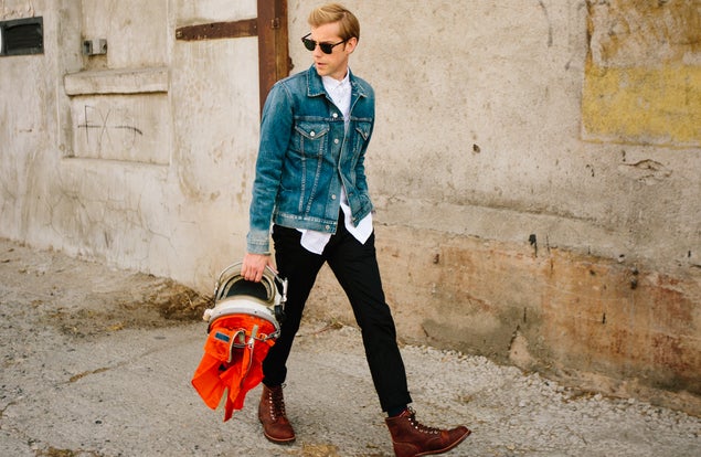 <p>Andrew McMahon In The Wilderness With His Zombie Helmet</p>