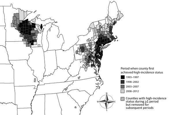A map from the 2015 CDC analysis reveals the spread of high-incidence Lyme disease regions over time. 