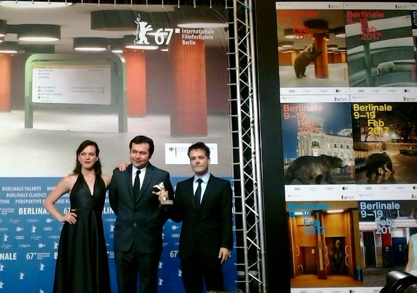 The Chilean filmmaker Sebastián Lelio (R) with his co-screenwriter Gonzalo Maza, and star Daniela Vega who played the torch s