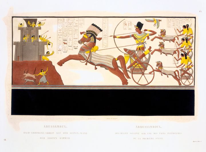 An illustration from an engraving, showing Ramses II at the Battle of Kadesh 