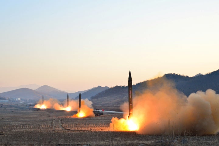 A ballistic rocket launching drill of the Korean People's Army. Undated photo released by the Korean Central News Agency on March 7.