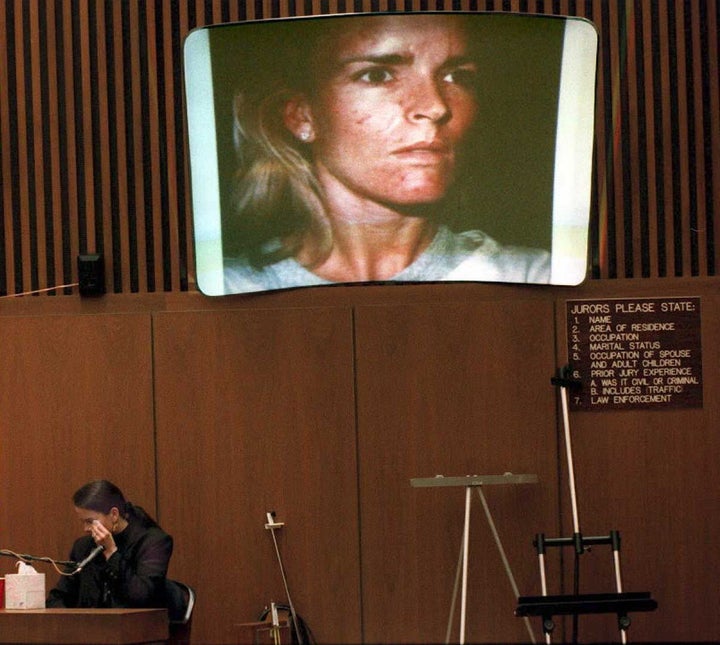 The above is just one of the photos of Nicole Brown Simpson with bruises on her face presented by the prosecution in the course of the trial.