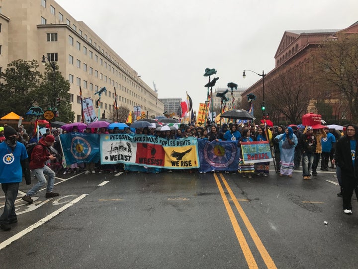 Demonstrators march through Washington, D.C., on Friday to protest the Dakota Access Pipeline.