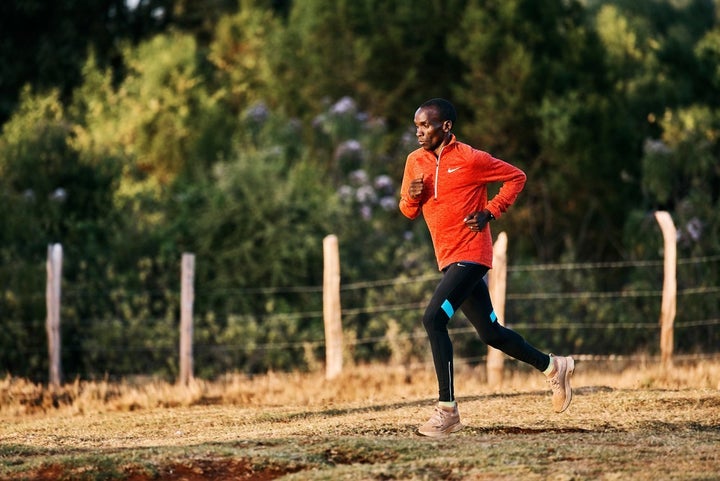 Eliud Kipchoge wears Nike’s customized Zoom Vaporfly Elites as he trains in Eldoret, Kenya to break the two hour mark. For his test run, our writer tested the consumer version of the shoe, the Zoom Vaporfly 4%.