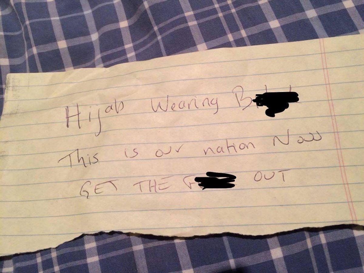 A note left in the car of a woman in Fremont, California, on Nov. 14, 2016.