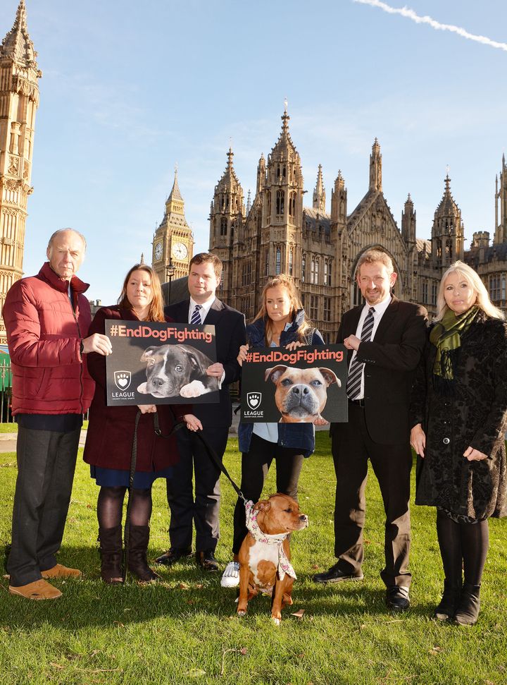 (From the left) Sir Ranulph Fiennes, Anna Turley MP, Kevin Foster MP, TOWIE star Chloe Meadows, Eduardo Goncalves Chief Exec League Against Cruel Sports and Lorraine Platt Chair Conservative animal welfare foundation with rescued ex-fighting Staffordshire Bull Terrier, Cupcake, outside the Houses of Parliament, London, ahead of debates on animal cruelty sentencing.