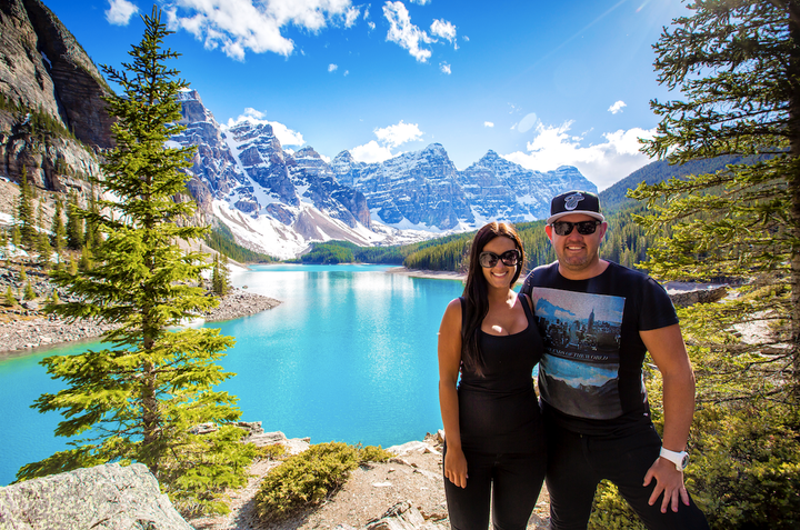 The couple posing in the Canadian Rockies. 