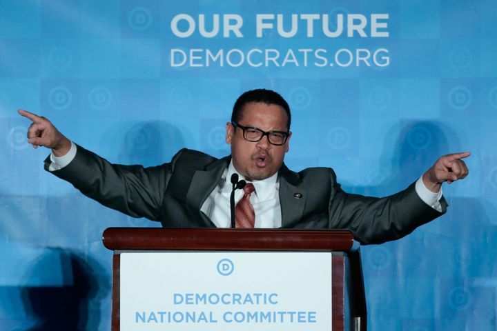 Keith Ellison addresses the audience as the Democratic National Committee holds an election in Atlanta on Feb. 25, 2017. He lost the race, but is encouraging his supporters to stay active.