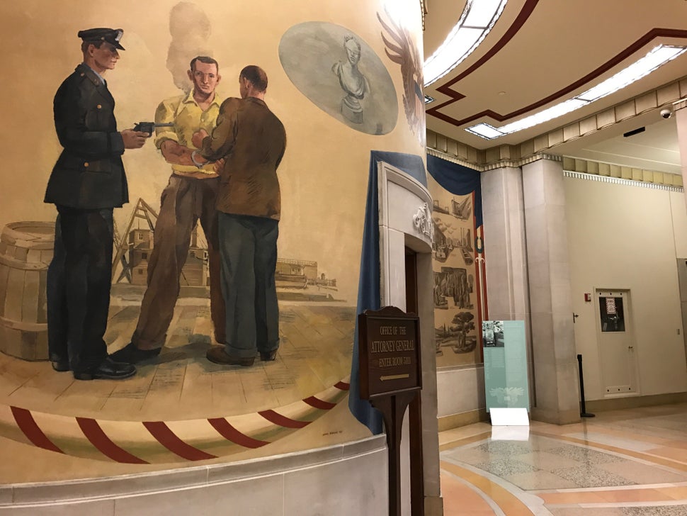 A mural outside Attorney General Jeff Sessions' office in&nbsp;the Robert F. Kennedy Department of Justice Building.
