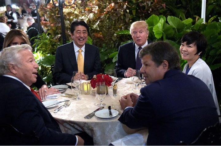 President Donald Trump and Japanese Prime Minister Shinzo Abe, seated next to him, at dinner at Mar-a-Lago on Feb. 10, shortly before they had to scramble to react to a North Korean missile launch. 