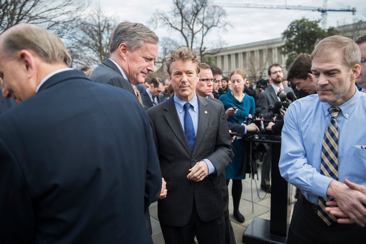 Reps. Louie Gohmert (R-Texas), left, and Mark Meadows (R-N.C.), Sen. Rand Paul (R-Ky.) and Rep. Jim Jordan (R-Ohio) conclude