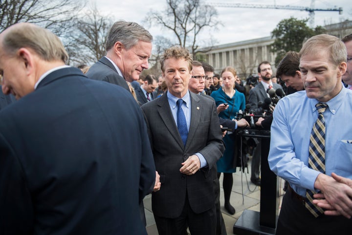 Reps. Louie Gohmert (R-Texas), left, and Mark Meadows (R-N.C.), Sen. Rand Paul (R-Ky.) and Rep. Jim Jordan (R-Ohio) conclude a March 7 news conference with House Freedom Caucus members who criticized the GOP health care bill.