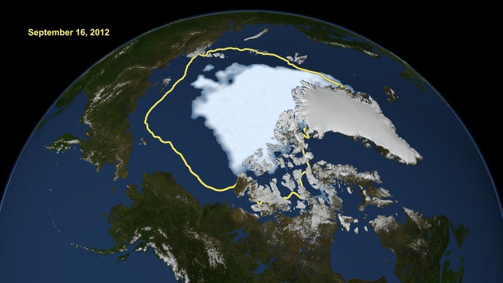 Over the years Arctic sea ice levels have dropped significantly compared to the average (in yellow) in previous decades.