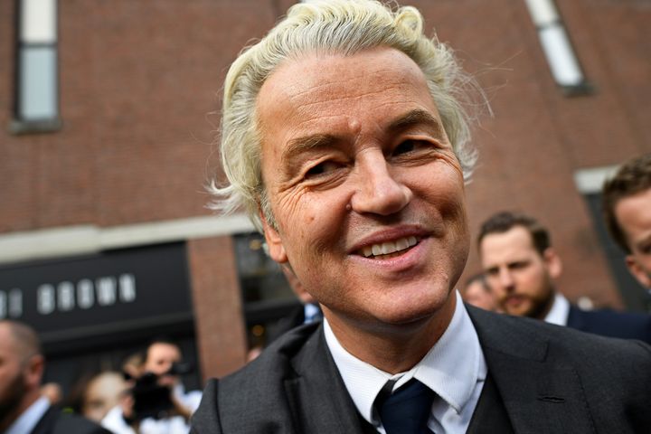 Dutch far-right politician Geert Wilders of the Party for Freedom party smiles during a rally in Heerlan, Netherlands, on March 11, 2017.