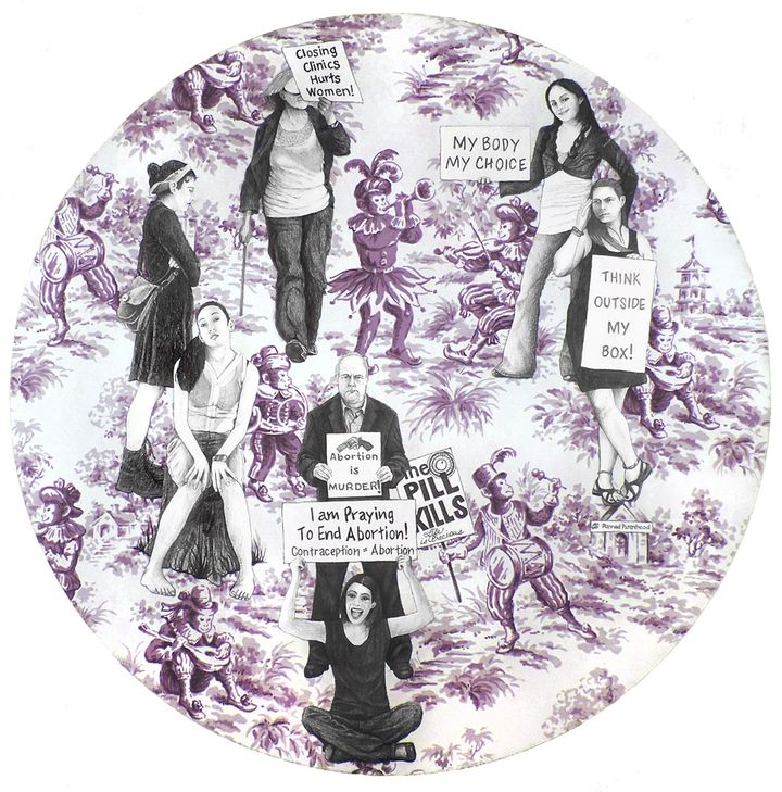 <p>Laurel Garcia Colvin, <em>What’s a Girl to Do, I Can’t Believe I’m Still Protesting this Shit, Tondo series </em>(2014), graphite on gouache on fabric mounted on wood panel, 23 inches in diameter by 1 ½ inches deep</p>