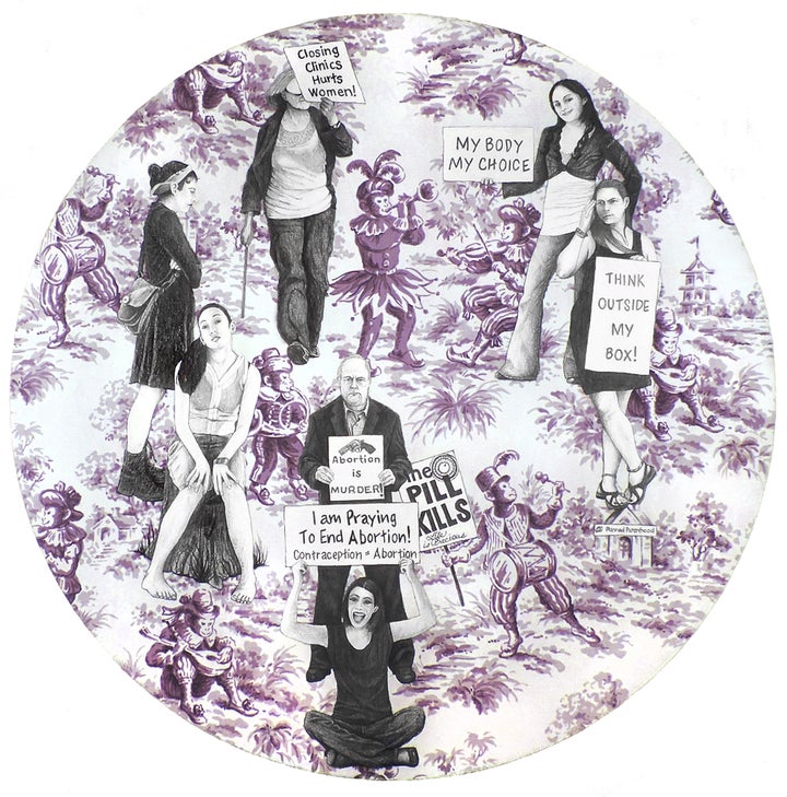 Laurel Garcia Colvin, What’s a Girl to Do, I Can’t Believe I’m Still Protesting this Shit, Tondo series (2014), graphite on gouache on fabric mounted on wood panel, 23 inches in diameter by 1 ½ inches deep