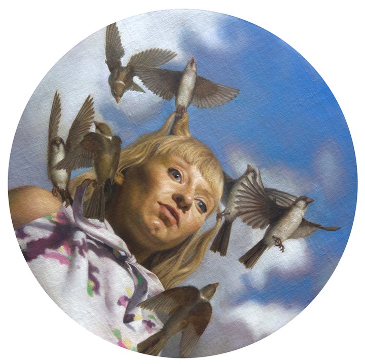 Zane York, Woman with Sparrows, (2013), oil on linen mounted on panel, 16 inches in diameter by 1 inch deep