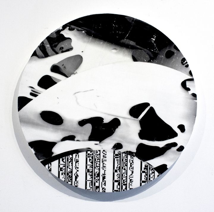 <p>Creighton Michael, <em>ORB 315 </em>(2015), paper, digital transfer and acrylic on wood panel, 22 1/2 inches in diameter by 1 1/8 inches deep</p>