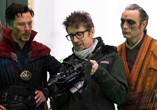 Scott Derrickson (center) shares some “Doctor Strange” previz with Benedict Cumberbatch & Mads Mikkelsen prior to shooting one of this film’s action sequences.