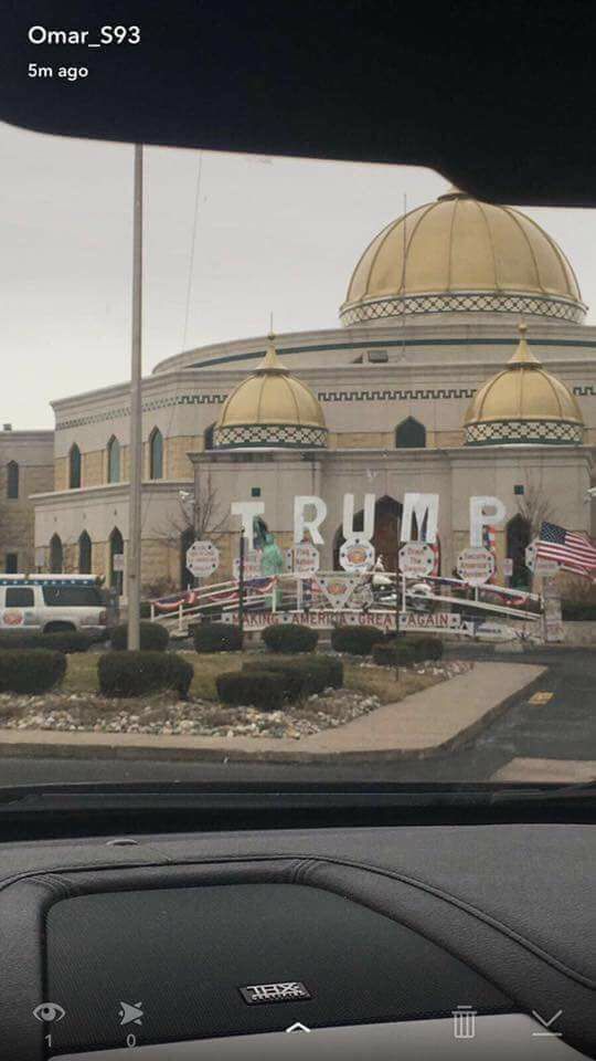 A local Michigander snapped a photo of a display put up by Trump supporters at North America’s largest Mosque, the Islamic Center of America in Dearborn, Mich.