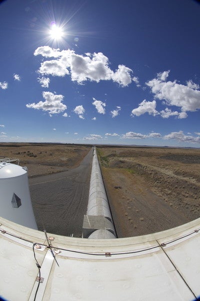 The view looking down one of a LIGO interferometer’s 2.5 mile-long arms.