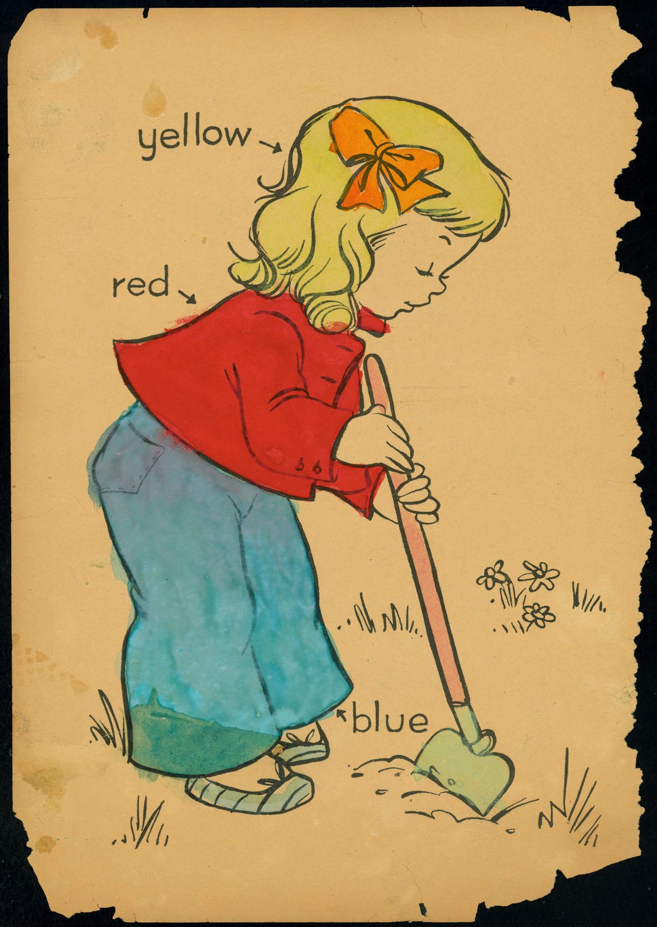 Untitled coloring book clipping ("Little girl gardening").
