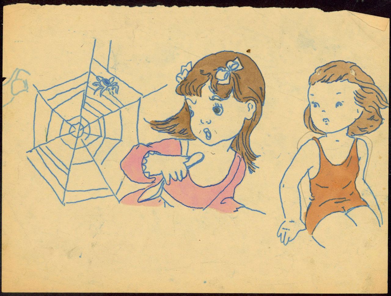 Untitled coloring book clipping ("Little girls looking over their shoulders"). 