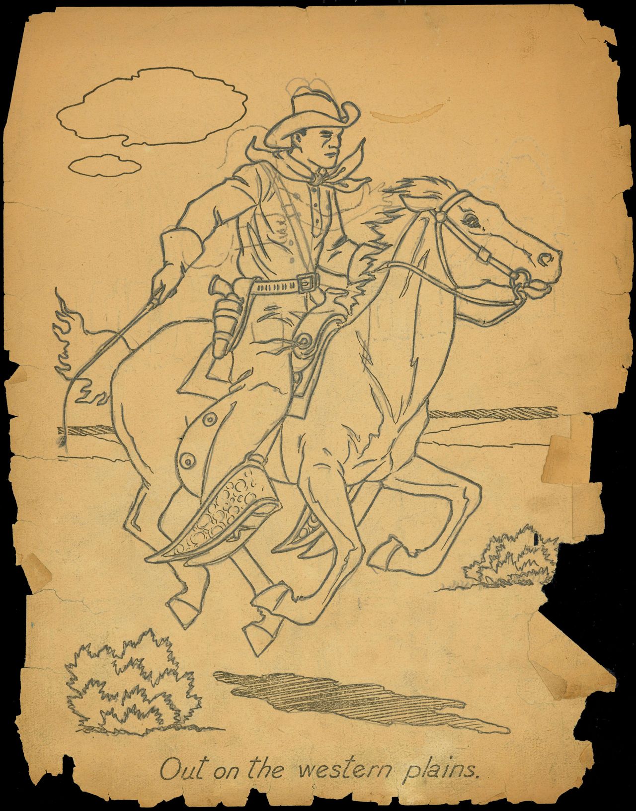Untitled coloring book clipping ("Out on the Western Plains").