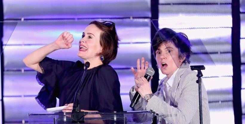 Sarah Paulson and Tig Notaro banter onstage at the 2017 LA Impact Awards benefiting Family Equality Council.
