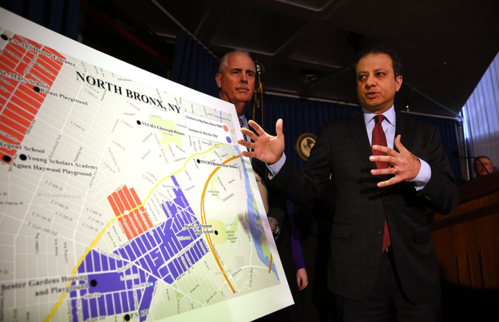 Preet Bhrarara alongside NYPD Chief of Detectives Robert Boyce announcing giant gang takedown last April