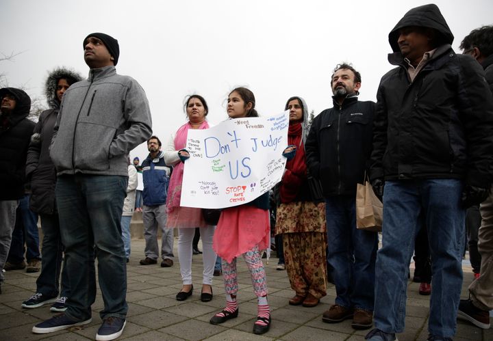 Members of the South Asian community and others attend a peace vigil for Srinivas Kuchibhotla, the 32-year-old Indian engineer killed at a bar Olathe, Kansas, in Bellevue, Washington on March 5, 2017.