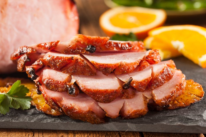 Fresh ham, glazed and sliced.