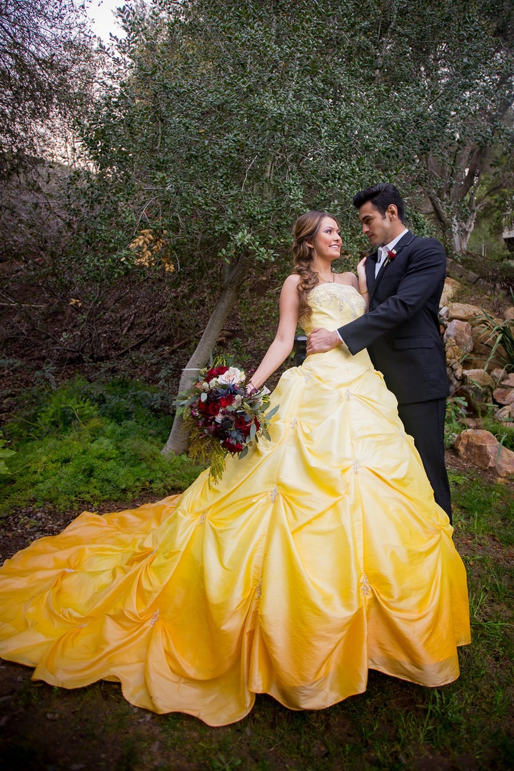 Raelyn dip-dyed her own once-white wedding dress in a 32-gallon tub in her backyard. "I wiped the dress with a cloth to get the ombre look without harsh lines, and hung it out to dry," she said.