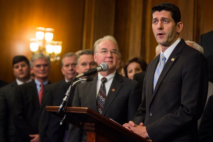 House Speaker Paul Ryan (right) and then-Rep. Tom Price celebrated anti-Obamacare legislation in January 2016. A year later Americans are yelling at each other over health care.