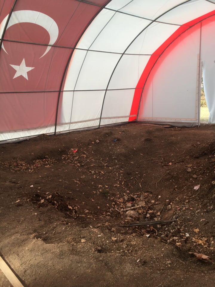 A hole in the ground in front of Turkey's Parliament building that was created during the July 2016 coup attempt.