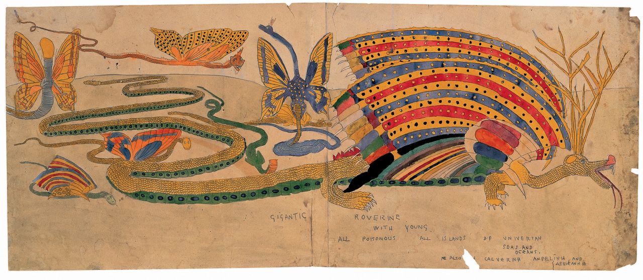 Henry Darger, "Gigantic Roverine with Young All Poisonous All Islands Of Universan Seas and Oceans. Also in Calverina Angelina and Abbieannia," mid–20th century. Watercolor, pencil and carbon tracing on pierced paper, 14 inches by 33 ¾ inches. Collection American Folk Art Museum, New York, anonymous gift, 2001. Copyright Artists Rights Society.