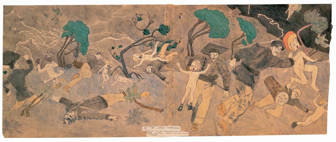 Henry Darger, "18 At Norma Catherine. But wild thunderstorm with cyclone like wind saves them," mid–20th century. Watercolor, pencil, colored pencil, collage and carbon tracing on pierced paper, 19 1/8 inches by 47 3/4 inches.