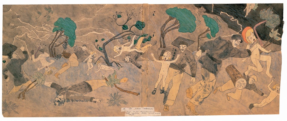 Henry Darger, "18 At Norma Catherine. But wild thunderstorm with cyclone like wind saves them," mid–20th century. Water
