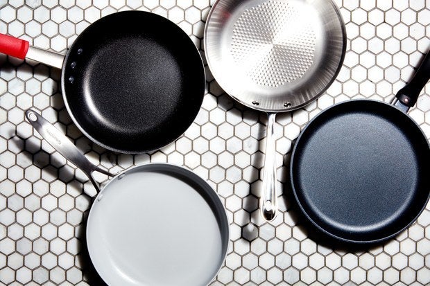 <p>Clockwise from top left: Tramontina 10" Professional Nonstick Restaurant Fry Pan, All-Clad D3 Armor Stainless Steel Fry Pan; Swiss Diamond 10.25" Nonstick Fry Pan; GreenPan Paris 10" Ceramic Nonstick Fry Pan</p>