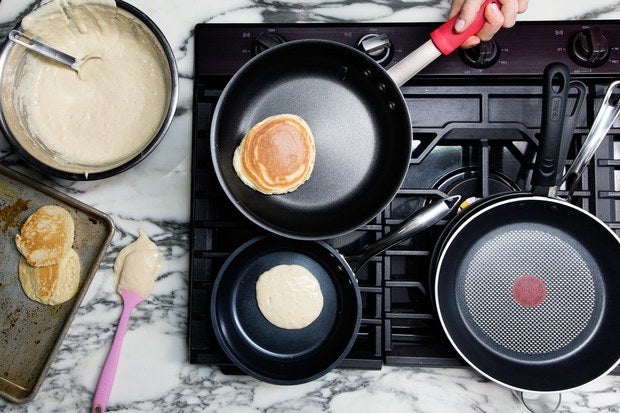 Clockwise from top left: Tramontina 10" Professional Nonstick Restaurant Fry Pan; T-fal Professional Total Nonstick Thermo-Spot Heat Indicator 10.5" Fry Pan; Kyocera Ceramic Coated Nonstick 8" Fry Pan