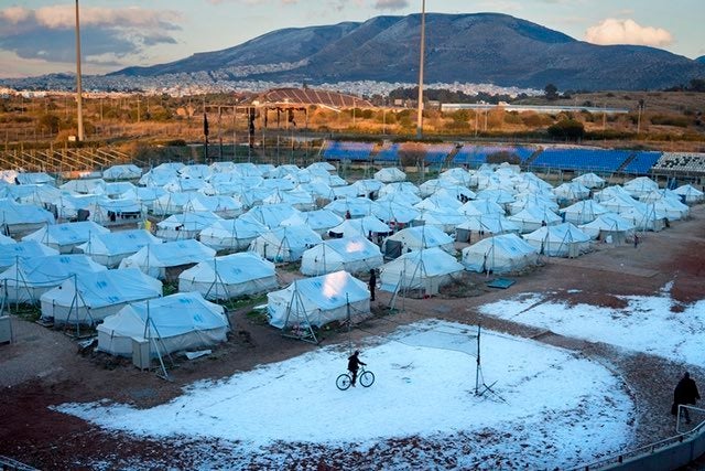 A tented refugee camp at the former Olympic site in Athens at Elliniko during freezing conditions in January 2017.