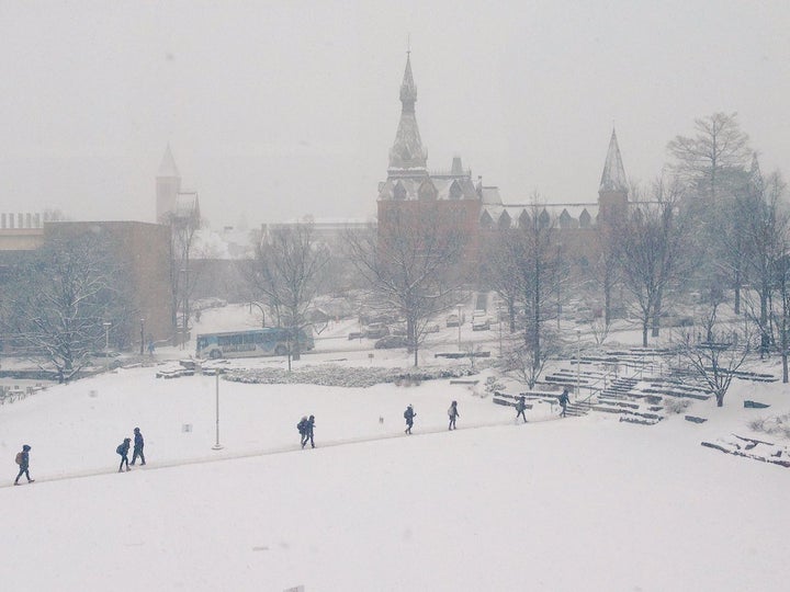 Students walk to class at Cornell University in Ithaca, New York, on March 14, 2017.