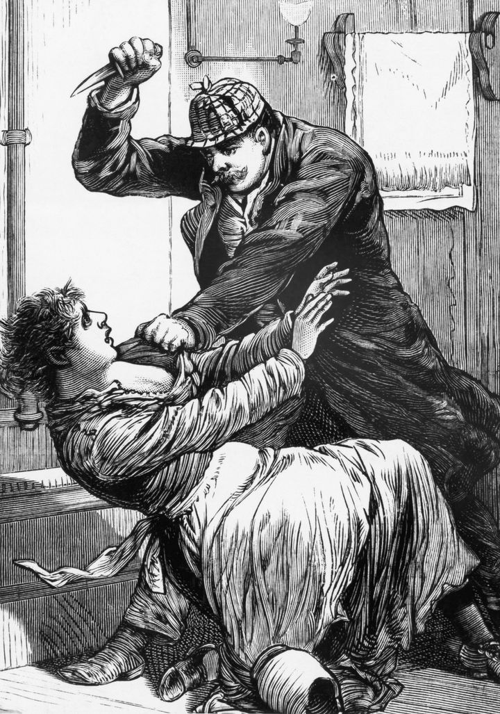 A drawing of Jack the Ripper slashing one of his victims 